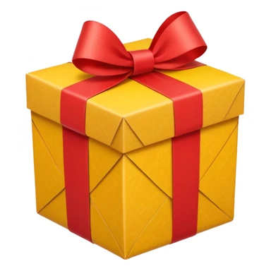 box with yellow wrapping paper and a length of red ribbon surrounding it on the bottom of the ground so you can see most of the box's cardboard sticker