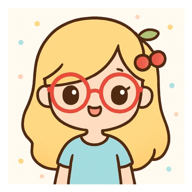 A woman with long blonde hair covering one eye, wearing a baby blue shirt, cherry hair accessories, and red glasses, cute cartoon style sticker