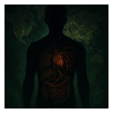 semi-realistic, moody human silhouette, parasite tendrils spread from a few organs to many, showing progression of infection, organs increasingly compromised, world map, glowing cracks, green mist sticker