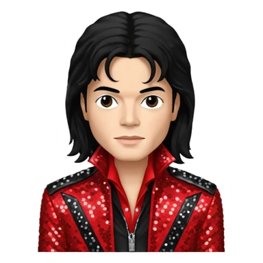 Michael Jackson with black long hair, red sequin jacket, black shirt, light skin sticker