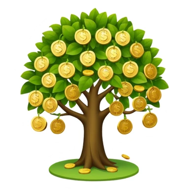 Apple-style money tree, round soft green canopy.
No pot, no ground — only the tree.
Small gold coins as fruits inside the leaves (not below).
Flat 2D vector, clean shapes, no gradients.
Dark near-black background, premium fintech icon. sticker