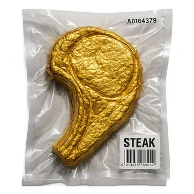 steak covered in edible gold, shiny and inflated, vacuum-sealed style sticker