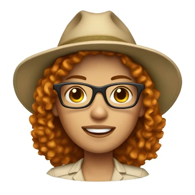 white woman with short curly ginger hair and glasses in safari hat sticker