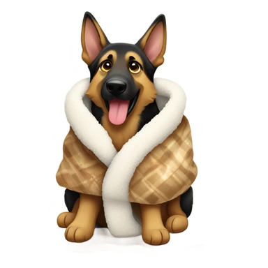 German shepherd wearing a goodie wrapped in a Sherpa blanket sticker