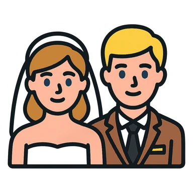 portrait of a bride with light brown hair and grey-blue eyes, and a groom with blonde hair, blue eyes, wearing a brown suit sticker