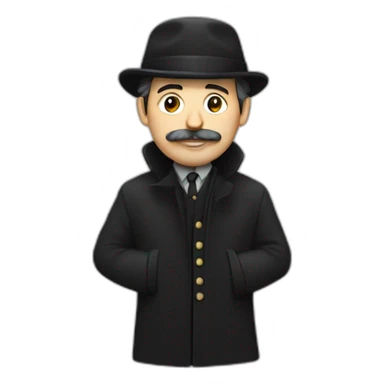 man in black coat, grey Irish cap, moustache and small beard sticker