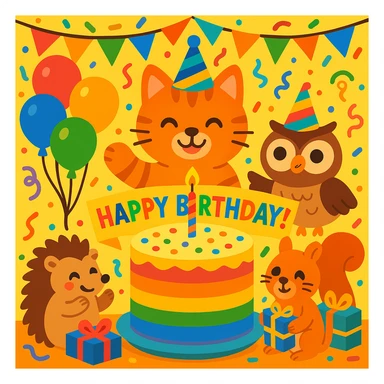 vibrant-toon style birthday party scene with a rainbow color theme including rainbow balloons, multicolored decorations, confetti, a large rainbow birthday cake, gifts, and a festive atmosphere. Main character is a ginger tabby kitten wearing a birthday hat, surrounded by a hedgehog, owl, and squirrel also celebrating. Prominent 'Happy Birthday!' message included in the scene. sticker