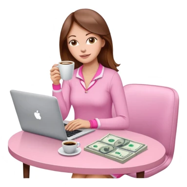 woman character with laptop and coffee relax table, dollars are floating, colorful pastel pink outfit, white laptop, brownn hair, fair skin,  sticker