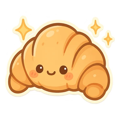 chibi sticker-style croissant with sparkles, cute and exaggerated sticker