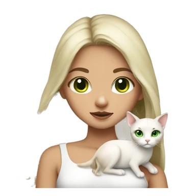 Fawn hair girl with green eyes and her white cAt with green eye sticker