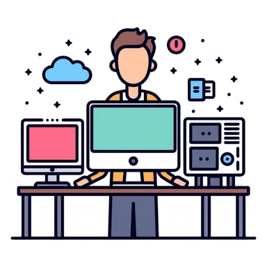 Senior IT Specialist with advanced workstation, multiple monitors, server, cloud icons, leadership symbols sticker