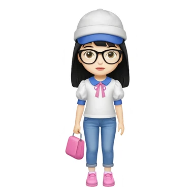 A yellow-skinned girl with medium-long straight black hair, flat bangs, black frame glasses, a white puffy sleeve doll shirt, blue jeans and pink shoes, and a black painter's hat. sticker