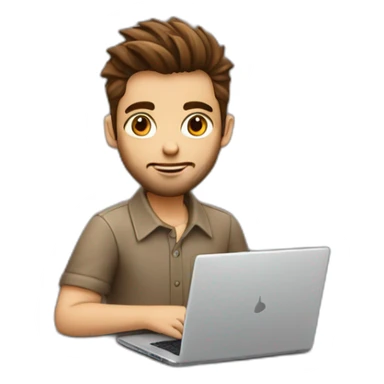 Wearing a shirt No glasses Cute programmer on his laptop looking front with a brown quiff as a hair and brown eyed with a bit of a beard sticker