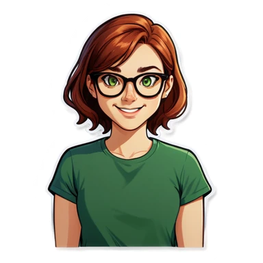 A green eyed Auburn haired none with glasses, smiling. And the caption saying no  sticker