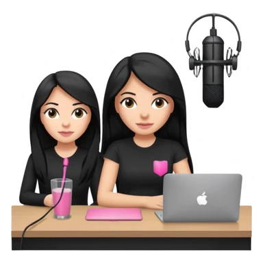 tanned long black hair woman, sat at desk with pink MacBook, podcast microphone black top and pink, sexy, glass table sticker