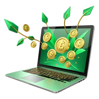 3D laptop icon with gold coins flying out of screen, green color (#0B3D2C), gold accents (#C9B037), upward arrows, glossy modern style, transparent background sticker