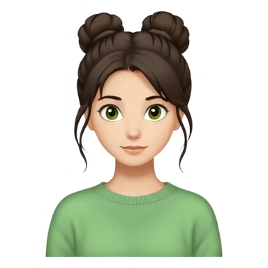 a girl with long dark brown hair with high disheveled bun in light green sweater, a slight smile, brown eyes sticker
