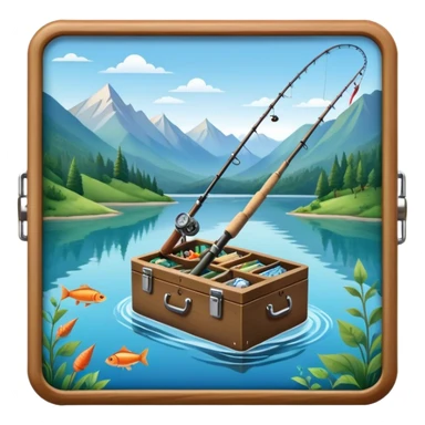 Icon for Fishing Travel: a fishing rod, tackle box and a boat on a calm lake surrounded by mountains and lush greenery, with fish jumping out of the water. The icon should capture the peaceful and adventurous nature of fishing trips. Transparent background. sticker