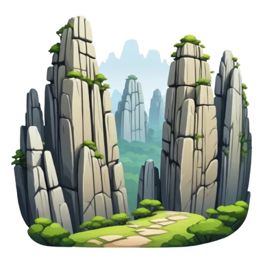 Kunming Stone Forest karst landscape Yunnan, simplified emoji style with bold outlines and bright colors, cartoon style tall rock formations sticker