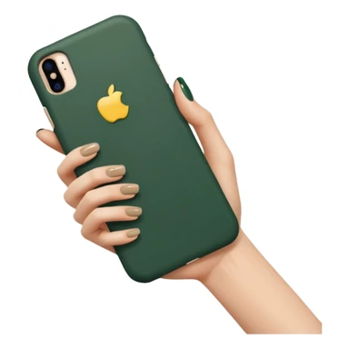 female hand with nude manicure (5 fingers) holding iPhone in dark green case, side angled view, minimalism, emoji style sticker