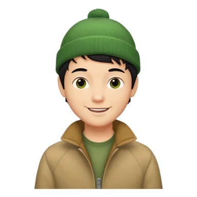 young man with longish pixie cut black hair, tan complexion, green beenie hat, tan jacket, pork chop sideburns sticker