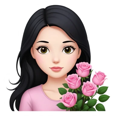A beautiful girl with long black hair holding a bouquet of pink roses sticker