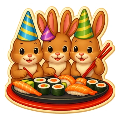 Add a fourth bunny so there are four bunnies together, all clearly visible, eating sushi at a birthday party, vibrant, festive emoji style, preserve the background transparency. sticker