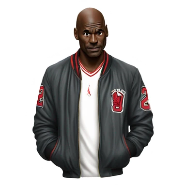 Michael Jordan in a jacket holds his head and is sad photorealistic serious sticker
