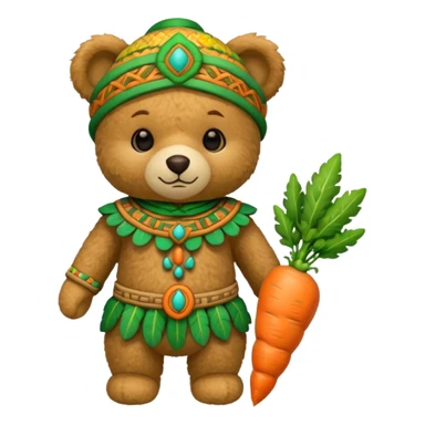teddy bear, wearing green mayan ancient custome, with carrot half body sticker