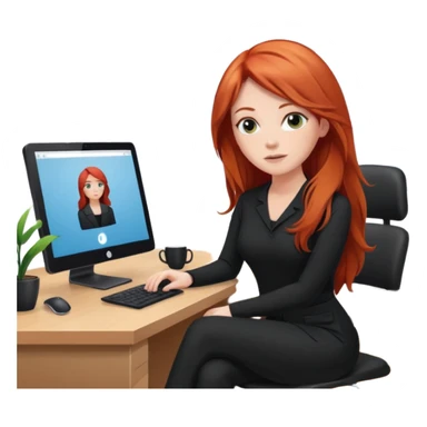 Video call therapy session: red-haired therapist with long hair wearing black minimalist clothing, seated in a professional home office, looking at the webcam; calm, modern teletherapy setting sticker