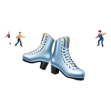 An icon showing elegant figure skates in close-up on a glossy ice surface, with a graceful skater performing in the background. The scene is set inside a grand indoor ice arena with spotlights, decorative banners, and a cheering audience. Transparent background. sticker