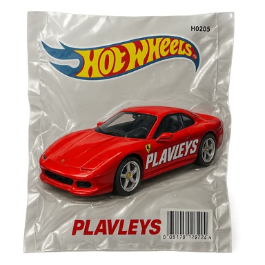 Hot Wheels packaging with a red Ferrari featuring bold racing-style 'PLAVLEYS' text on the car, shiny and inflated, vacuum-sealed style sticker