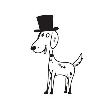 Stick Dog style dog with a top hat, minimal stick-figure illustration sticker
