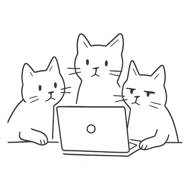 three cats at a computer, hand-drawn outline style sticker