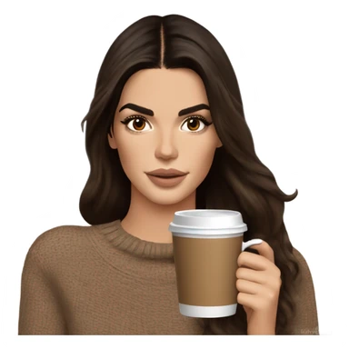 brunette Kendall Jenner with long and brown hair her eyes brown and sipping coffee Her hair is wavy and shiny With brown sweater just one  sticker
