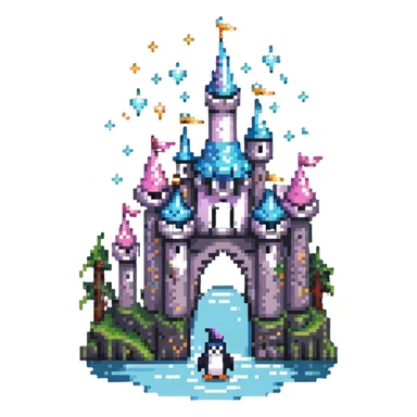 penguin wizard with magical sparkles, a unicorn, fairy, and tiny goblin companion in a pixelated fantasy world with a floating castle sticker