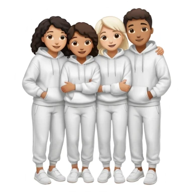 four mixed race friends all wearing white oversized hoodies, white sweatpants, and white slides huddled together hugging sticker
