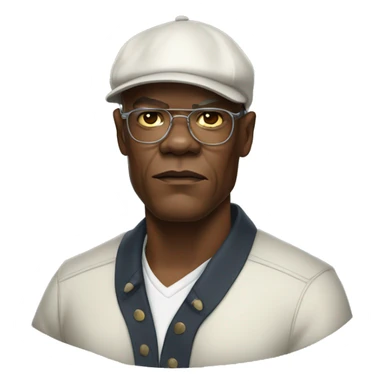 bald samuel l jackson serious wearing shirt and backwards Kangol sticker