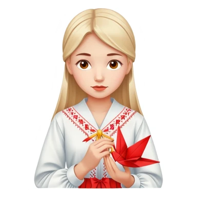 Ukrainian young girl in traditional embroidered vyshyvanka shirt holding a red origami paper crane sticker