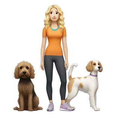 white woman with long blonde hair and cat shaped eyes wearing a yoga outfit standing alongside a tri-colored bernadoodle dog sticker