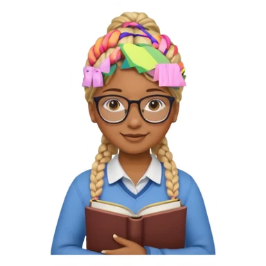 A student, girl, brown skin, braid blonde hair, wearing glasses, hold book in front of their chest sticker