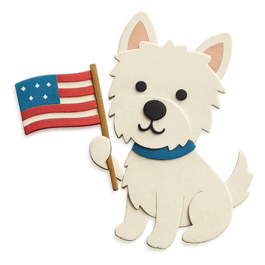 West Highland White Terrier (Westie) holding and waving an American flag, paper craft style sticker