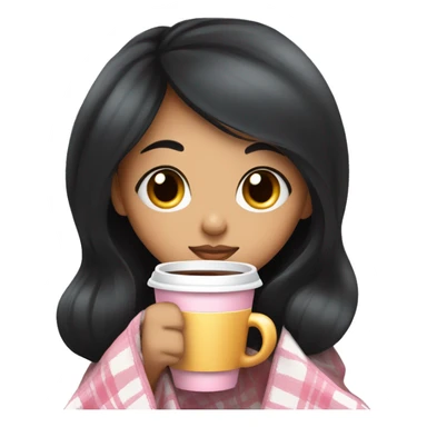 A cute black hair girl wrapped in pastel pink plaid blanket drinking coffee sticker