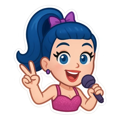 Katy Perry as an emoji, pop star style, bright colors, expressive face, iconic hairstyle, no text sticker