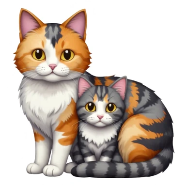 full body colourful light patched calico + white tabby cat cuddling a big dark grey and white tabby cat  sticker