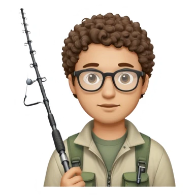 A young adult man with short curly brown hair, closely trimmed sides, round glasses, light beard, wearing fishing gear and holding a fishing rod. sticker