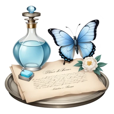 A nostalgic evening scene where an open love letter, with elegantly fading ink, lies next to a silver tray holding a vintage perfume bottle. A single pale blue butterfly lands gently on the aged parchment, as the soft scent of jasmine and peonies fills the air. sticker