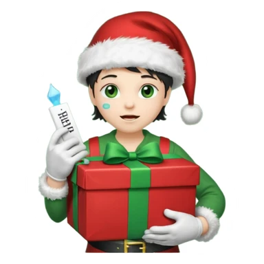 appears to be a naughty list with the words "NAUGHTY" written on top of it. It is sad with tears and wearing a Santa hat and has green boots and gloves. It is holding a present-looking chest in it's hands with coal inside. sticker