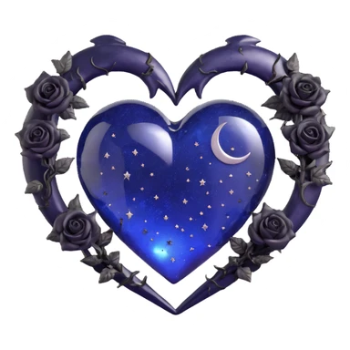 gothic heart made of midnight blue glass, adorned with a silver crescent moon, tiny black roses, shimmering stardust, lightning bolt effect, rain-soaked appearance, cracked glass texture sticker