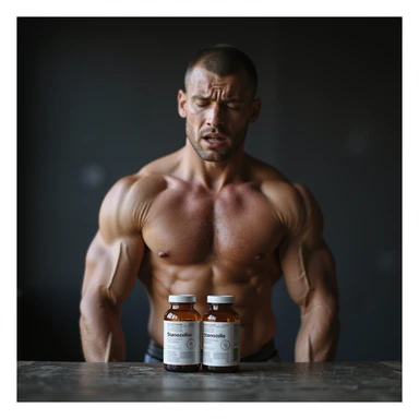 realistic photo of a crossfit athlete with a painful expression, showing joint problems all over the body, rigid posture, prominent muscles, next to him vials labeled 'Stanozololo', natural light, gym background sticker